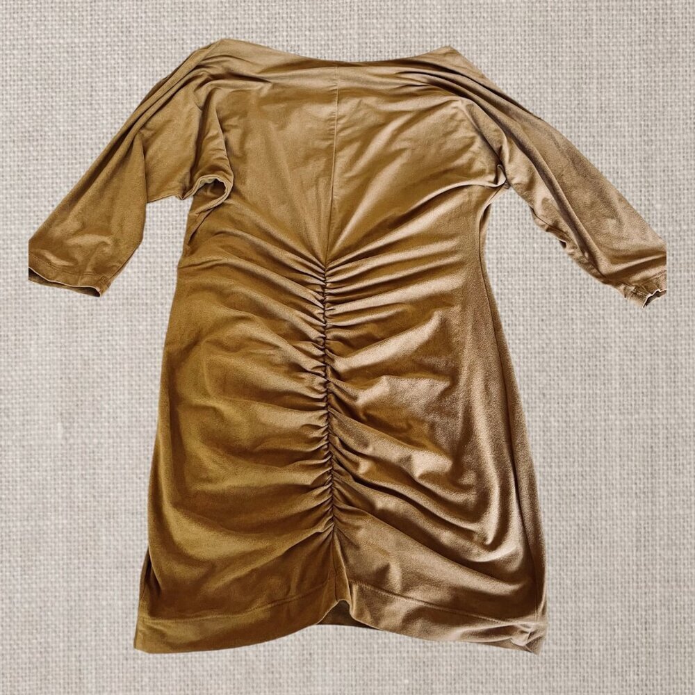 Bebe Tan Suede Ruched Wrap Zip Dress - Picture 3 of 4